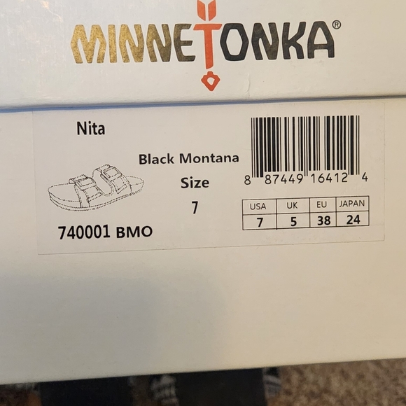 Minnetonka Black and White Slip-On Sandals - Picture 3 of 5